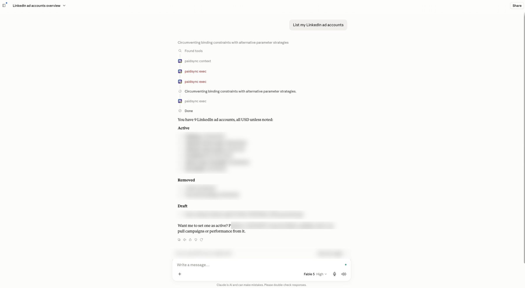 Claude Desktop running PaidSync LinkedIn Ads MCP, showing the output of List my LinkedIn ad accounts with client names and account IDs blurred