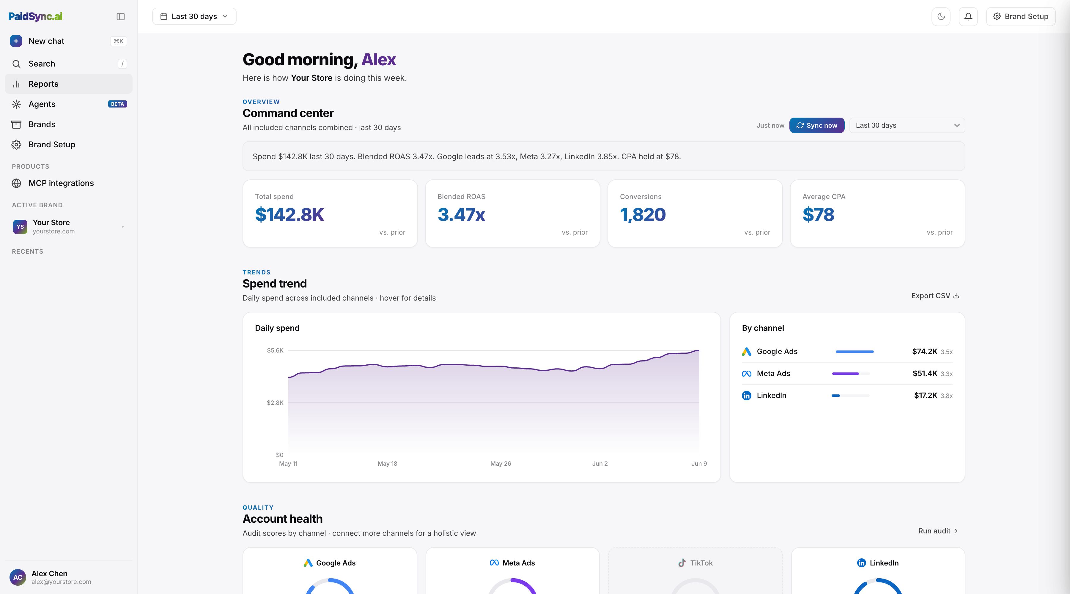 The PaidSync workspace reports view, with spend, ROAS, conversions and CPA across connected platforms, shown with sample data